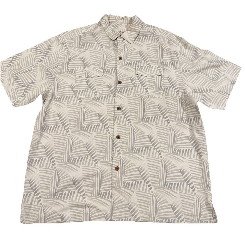 Tommy Bahama XL Silk Cotton‎ Camp Shirt Tropical Button Up Beige Mens